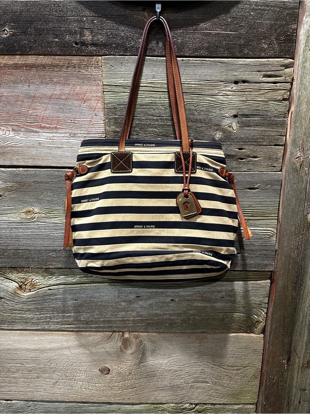Dooney & Bourke Navy & Tan Striped Canvas Shoulder Tote Bag – EUC
